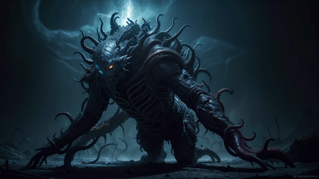 intricate cosmic horror creature, dark and unsettling, eldritch tentacles, glowing eyes, otherworldly anatomy, twisted limbs, shifting colors, unstable reality, visceral textures, unnatural proportions, ethereal glow, cosmic background, deep space, swirling nebulae, glowing stars, dark matter, best quality, 8k, highres, masterpiece, ultra-detailed, photorealistic, cinematic lighting, dramatic shadows, vibrant colors, unsettling atmosphere