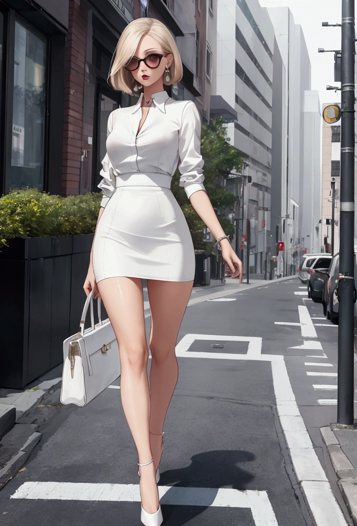 a woman in a skirt and shirt walking down a street, wearing an elegant outfit, wearing elegant casual clothes, elegant girl in urban outfit, wearing a blouse, sleek outfit, high fashion classy, sexy look, elegant look, gorgeous woman, business outfit, sexy style, functional and elegant look, elegant style, elegant clothes, beautiful short skirt, office clothes, a woman in a white dress and heels walking down a sidewalk, sleek legs, wearing a wet white short dress, wearing heels and white dress, juicy legs, heels