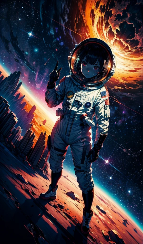 " full body, mid shot, centered, concept art, 1girl, wearing astronaut suit, award-winning masterpiece, rendered in anime style with an oil painting effect. (The vibrant illustration captures horror in a cosmic atmosphere. The wide shot of the desert location is showcased in high definition and astonishing 64K resolution), panoramic, ."