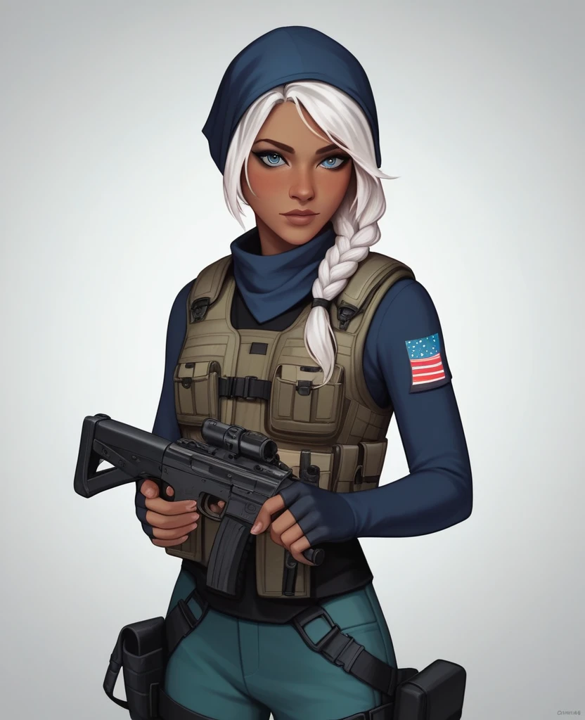 ((best quality)), ((masterpiece)), (detailed), 1girl, mixed race girl, African American + Caucasian girl with lighter skin, young woman, pretty, skinny, white hair, modern attire, modest, head scarf, long hair, hair tied in the back, bullet proof vest, tactical gear, civillian in kevlar vest, looks like the character “Frost” from the “Rainbow Six Siege” game, Frost from Rainbow Six Siege