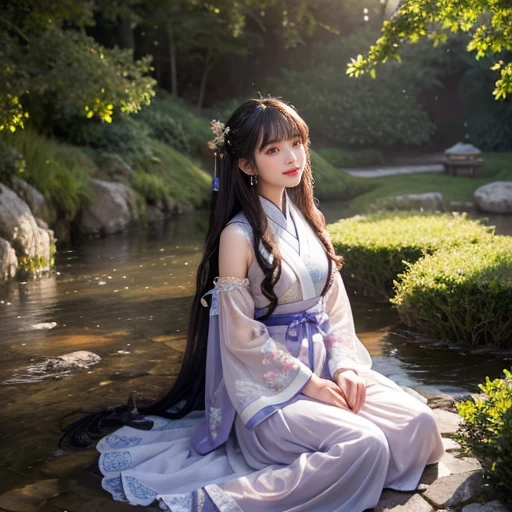 best quality, Delicate face，beautiful visual work, lifelike, eternity, black hair, Long curly hair, blunt bangs, Smile, Detailed Background, Delicate face，blush，cold，((masterpiece))、(top quality)、8k、high detail、Super detailed，21 years old female，Wearing Tang Dynasty Hanfu、waist skirt, Clothes are light and fluffy，Hanfu, wide sleeves, Transparent sleeves, Tunic, Clothes made of chiffon, Seductive and whimsical style、masterpiece、born、Scenes resembling fairy tale illustrations、Intricate details and complex designs、Beautifully、magic、capricious、 Beautifully、Dream aesthetics、「𝓡𝓸𝓶𝓪𝓷𝓽𝓲𝓬、ethereal、charming、fickle、magic」、Realism、Visual effects、FXAA、SSAO、Shaders、voiceless、ambient lighting、Tone mapping、High resolution、Ultra high quality、Million pixels、(8K resolution:1.10)、8k、Below 8K、8K resolution、high detail、intricate details， (high quality:1.2、masterpiece:1.2、:1.21)、(21 years old female:1.21)、(Smile excitedly)、(Surrounded by a dream-like atmosphere、Model diagram，full-body shot，Normal 2 feet，Put your hands behind you，The protrusion of the breast is visible when wearing clothes, Large Breasts, H cup chest, antiquity, Xian Xia, gauze clothes, Soft and fluttering, Fairy, dream, fantasy, light, elegant, nature, Immortal, romantic, classical, ribbon, light purple clothes, By the stream