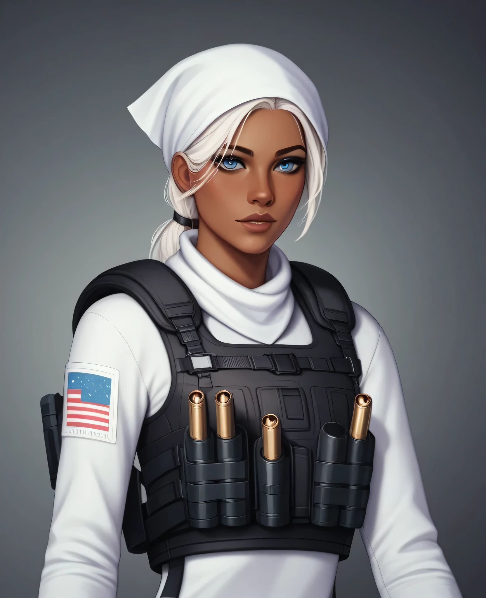 ((best quality)), ((masterpiece)), (detailed), 1girl, mixed race girl, African American + Caucasian girl with lighter skin, young woman, pretty, skinny, white hair, modern attire, modest, head scarf, long hair, hair tied in the back, bullet proof vest, tactical gear, civillian in kevlar vest, looks like the character “Frost” from the “Rainbow Six Siege” game, Frost from Rainbow Six Siege