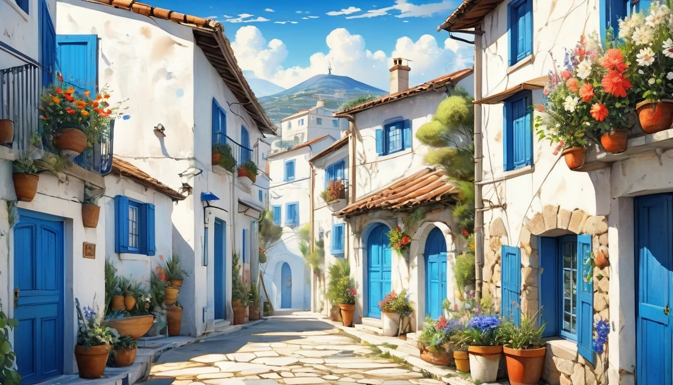 Historical masterpieces,(((White building and road、Blue door and window frame))),Narrow street with blue door and pots. Buildings and roads close up on white, Streets of Tealstone, Mediterranean Village, ギリシャのWhite building and roadと青いドアや窓,, Beautiful images, 8k)), Greek Style, Vibrant colors with attention to detail, Ancient , Beautifully drawn, Colorful scene,beautiful retro art, by Bencho Obreshkov, Colourful and detailed, 8k)), Watercolor style, super Realistic painting style, Detailed 4K painting, Realistic painting style, Awesome Wallpapers,There is no one, ((窓から鮮やかなLots of flowers))、(Lots of flowers),Fantasy World