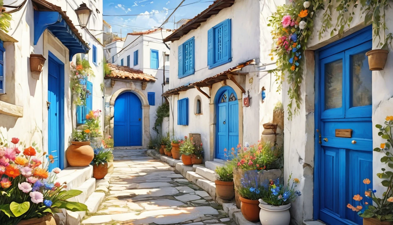 Historical masterpieces,(((White building and road、Blue door and window frame))),Narrow street with blue door and pots. Buildings and roads close up on white, Streets of Tealstone, Mediterranean Village, ギリシャのWhite building and roadと青いドアや窓,, Beautiful images, 8k)), Greek Style, Vibrant colors with attention to detail, Ancient , Beautifully drawn, Colorful scene,beautiful retro art, by Bencho Obreshkov, Colourful and detailed, 8k)), Watercolor style, super Realistic painting style, Detailed 4K painting, Realistic painting style, Awesome Wallpapers,There is no one, ((窓から鮮やかなLots of flowers))、(Lots of flowers),Fantasy World