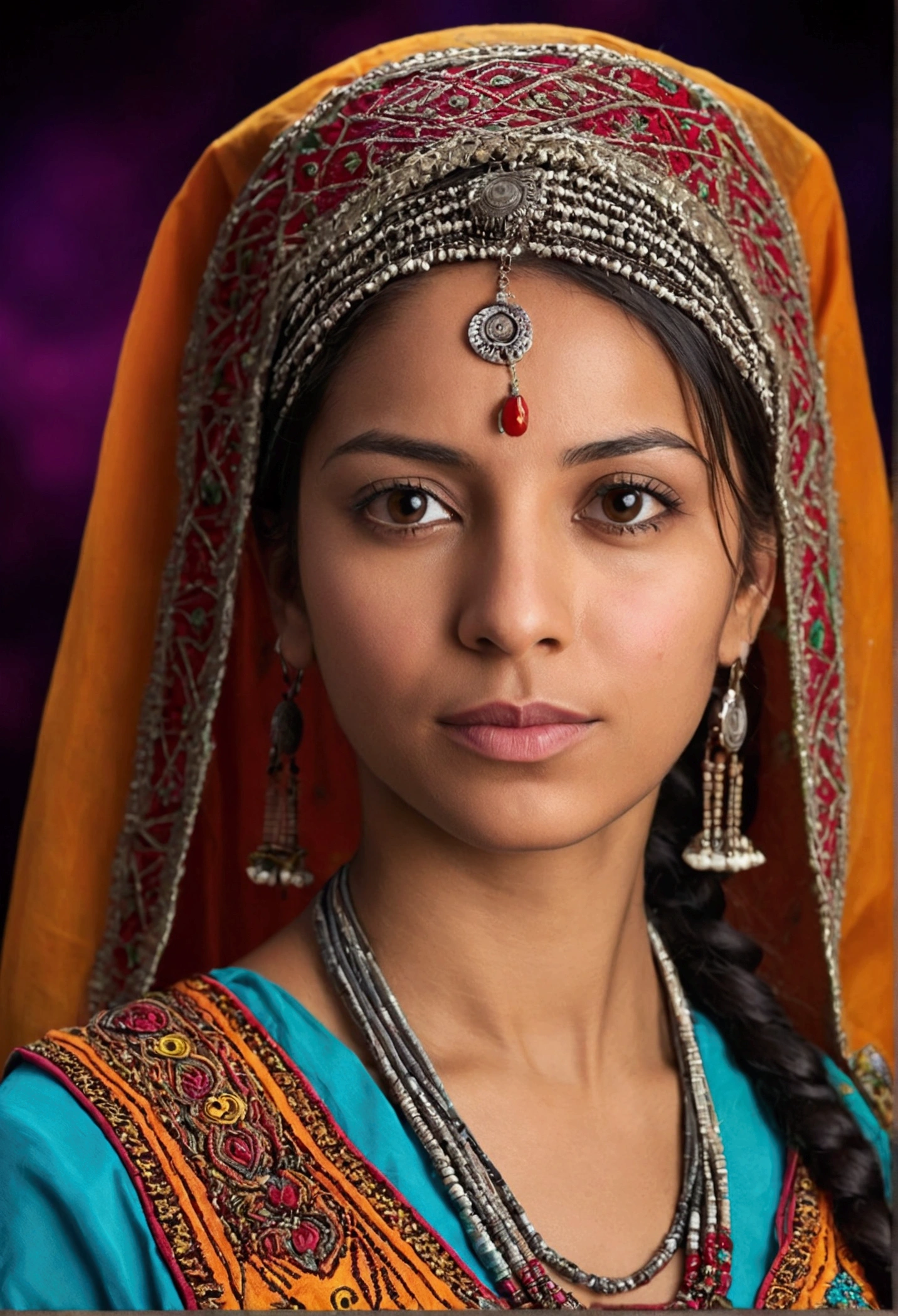 hires headshot photo of icrz woman studio quality, looking straight at viewer, detailed ethnic dress, canon 5D, f/2, background bokeh ..