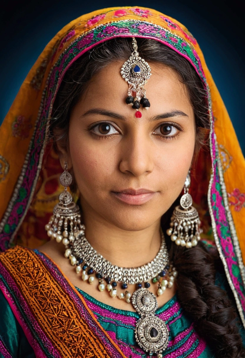 hires headshot photo of icrz woman studio quality, looking straight at viewer, detailed ethnic dress, canon 5D, f/2, background bokeh ..