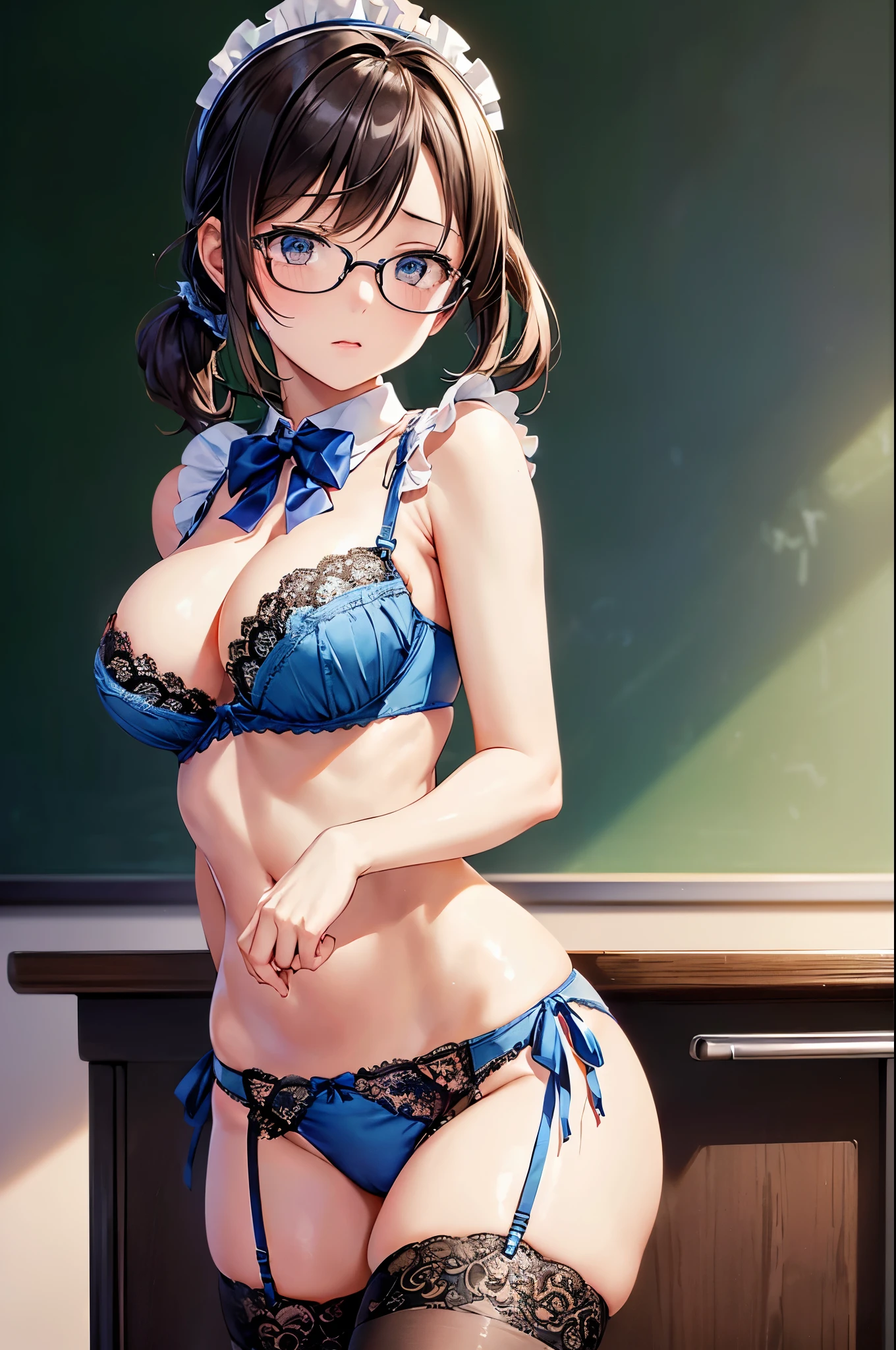 (((masterpiece, Highest quality, High resolution, 超High resolution, Perfect Pixel, Depth of written boundary, 4K, RTTX 10.0))), Beautiful Anime Woman, Beautiful art style, Anime characters, ((Smooth texture, Realistic texture, Anime CG Style)), Perfect and accurate finger count、Exact number of legs、(Exact number of arms:1.0, Exact number of hands:1.0), (Perfect hands, Perfect Anatomy), Cinematic, Realistic, Extremely detailed CG, Perfect lighting, Best Shadow, The best natural light, whole body, Perfect body, バランのとれたPerfect body, Perfectly balanced style, Soft body, ((bangs, Dark brown hair, Short Ponytail)), ((A cute adult woman is giving a lecture with a textbook and chalk:1.8)), ((Bow tie around neck, Glasses:1.3), (Sexy and cute blue underwear:1.3), (Stylish shiny blue satin panties, Side-tie blue panties, Panties with plain blue center and lace decoration on the sides, Light blue panties:1.4), (Blue micro lace satin bra, Blue bra with large lace trim around the edges, Open cup blue bra, A gorgeous blue bra with lace, Thin bra:1.4), (lace garter belt, Garter Strings, Knee socks:1.3):1.3), (Beautiful big boobs:1.1), (Embarrassed expression:1.7), blush, (School classroom, Blackboard and lecture desk in the background, There are formulas and graphs written on the blackboard, During class:1.7), naked, belly button, In underwear, ブラとパンティとガーターベルトとKnee socksのみ, (Frilly maid headband:1.1), Angle from the front