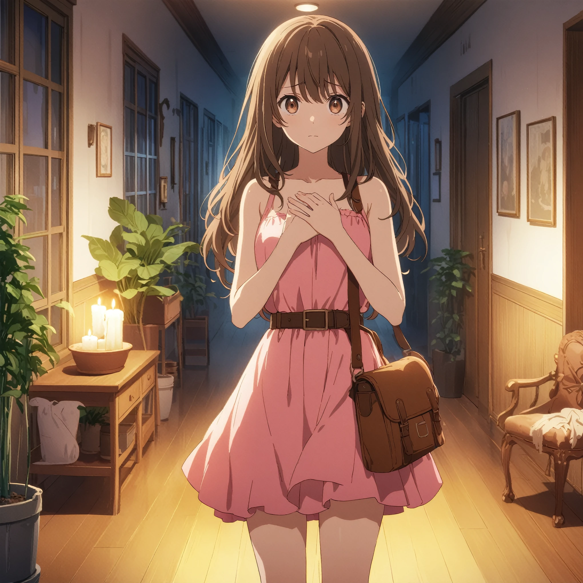 Best quality, masterpiece, very long hair, brown hair swept bangs, brown eyes, pink sleeveless backless sundress, brown belt, brown combat boots, satchel, nervous, hand on heart, night, anime, hallway, haunted, candle, potted plants, 