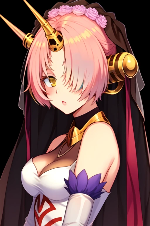 frankenstein_fgo, horns, single_horn, mechanical_horns, pink_hair, short_hair, blue_eyes, veil, breasts, yellow_eyes, heterochromia, hair_over_one_eye, hair_ornament