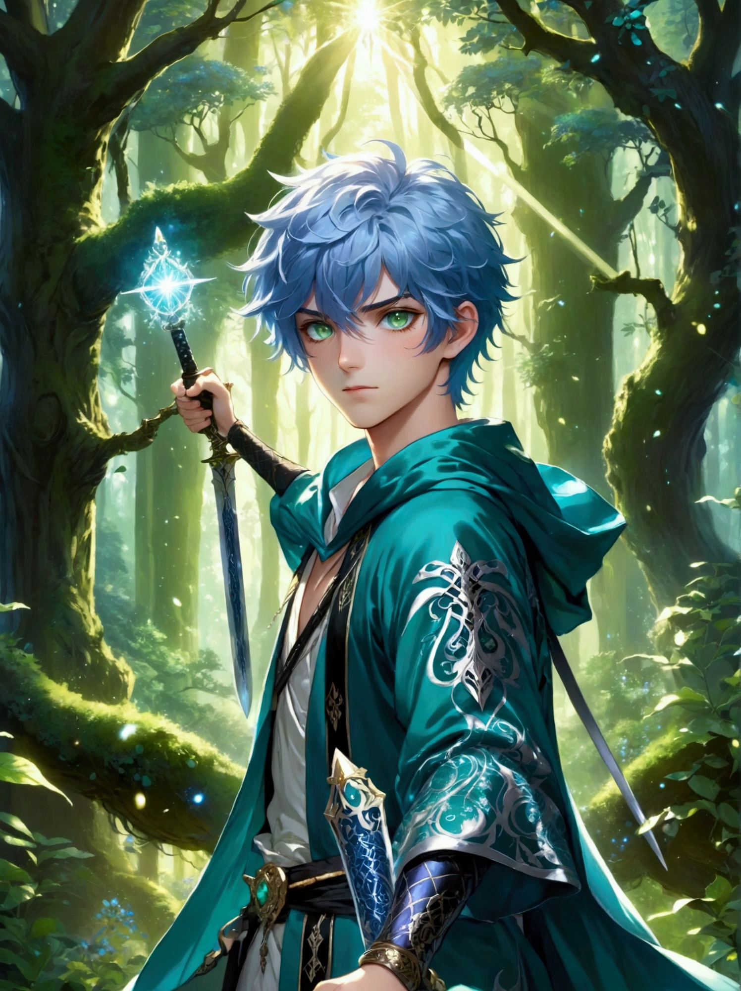 A 20-year-old fantasy anime-style character, with aqua-colored hair and large, captivating green eyes standing in a verdant, magical forest. He is wearing a blue robe with intricate silver designs, and he holds a majestic, ornate sword in his hands, reflecting the light that penetrates the canopy above. His expression is serious, showing a determination that underlines the quality of a seasoned warrior.