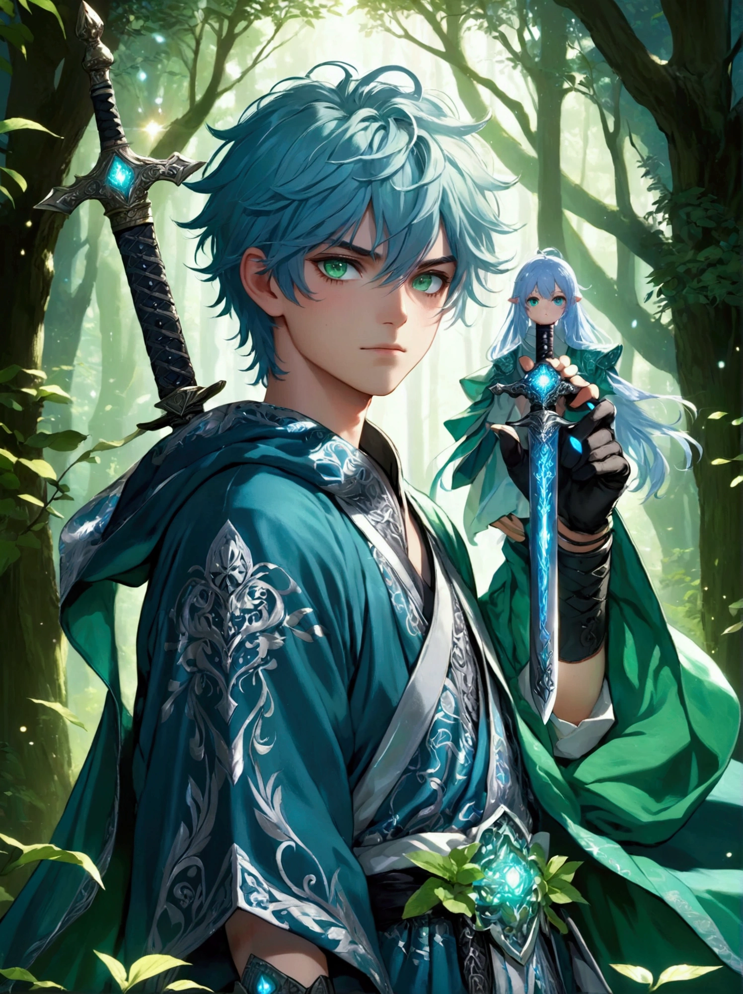A 20-year-old fantasy anime-style character, with aqua-colored hair and large, captivating green eyes standing in a verdant, magical forest. He is wearing a blue robe with intricate silver designs, and he holds a majestic, ornate sword in his hands, reflecting the light that penetrates the canopy above. His expression is serious, showing a determination that underlines the quality of a seasoned warrior.