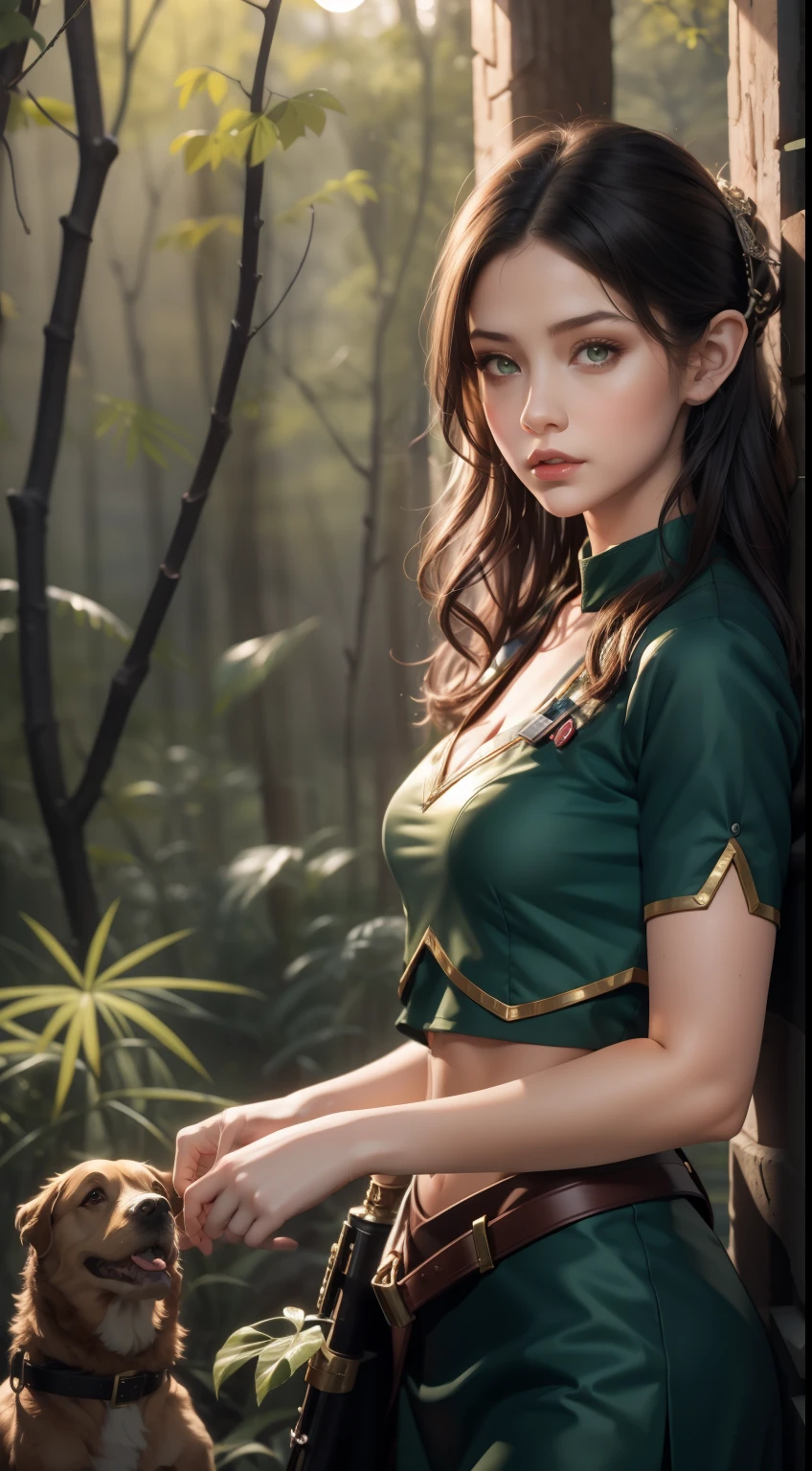 1 Girl，solo，Official Art，Unity 8k wallpaper，Extremely detailed，Beauty and aesthetics，masterpiece，Best quality，Photo Realism，Nurse，Elf，firefly，Shown in（firefly：1.3）in the woods，bonfire，Dark theme