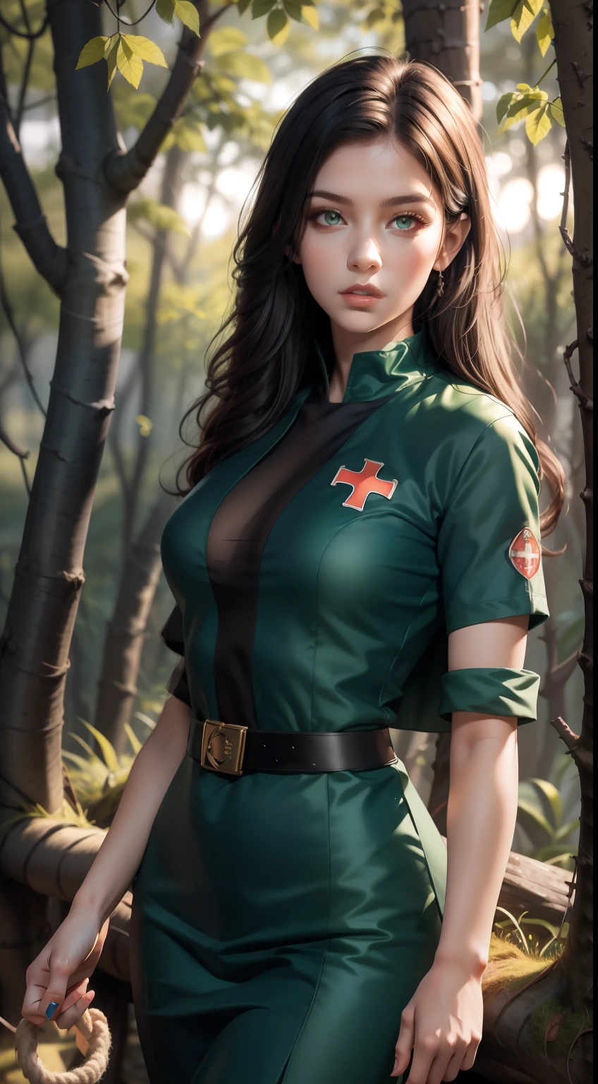 1 Girl,solo,Official Art,Unity 8k wallpaper,Extremely detailed,Beauty and aesthetics,masterpiece,Best quality,Photo Realism,Nurse,Elf,firefly,Shown in(firefly:1.3)in the woods,bonfire,Dark theme