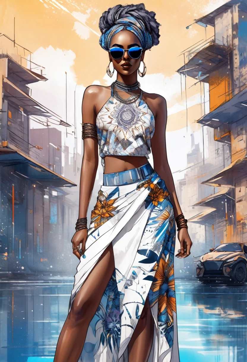 "Full body, water colors, ink drawing, beautiful cyberpunk Sudanese woman, wearing smart digital sunglasses, clean defined delicate features, stylish bohemian top and long skirt, floral background, in the style of Afrofuturism