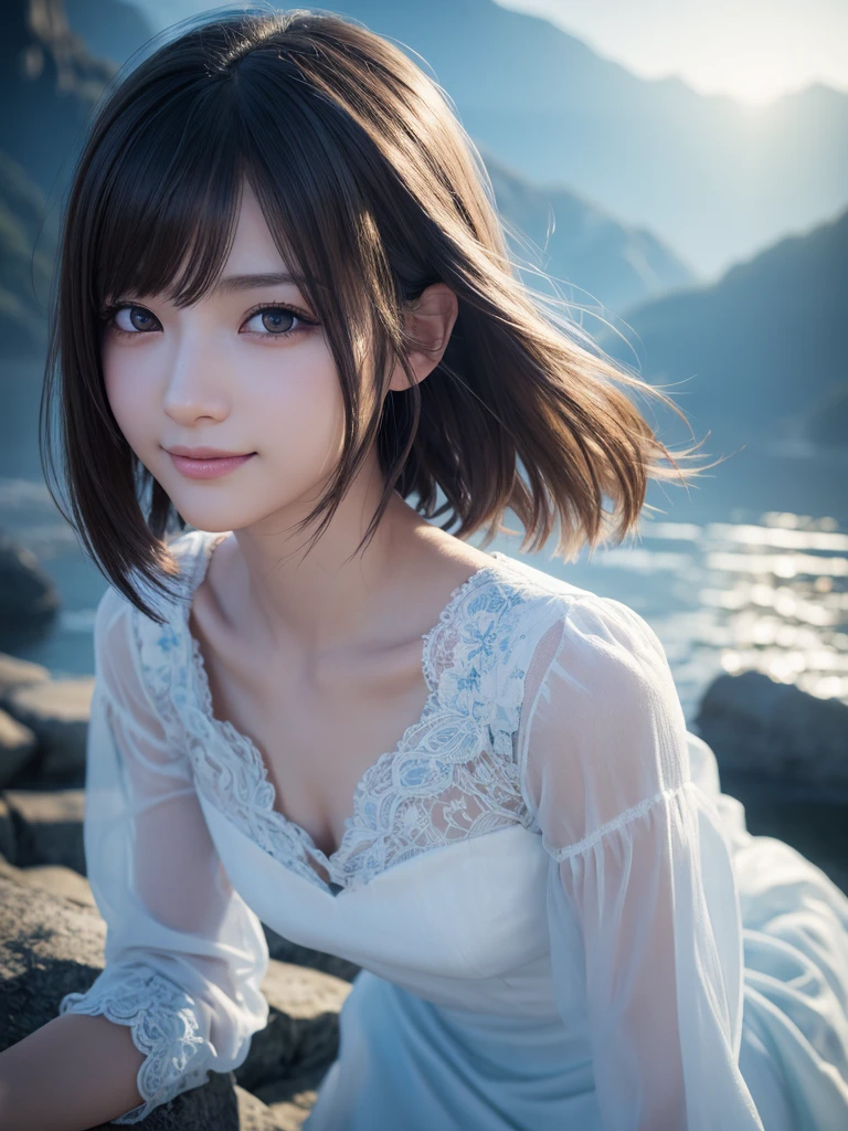 beautiful detailed eyes, droppy eyes,beautiful detailed lips, extremely detailed eyes and face, long eyelashes, 1japanese girl, fantasy character, (Final Fantasy, yuuna),smile,short hair,elegant white dress,break, blue long skirt,break,magical girl, highly detailed, fantasy landscape, dramatic lighting, glowing effects, mist, intricate details, volumetric lighting, cinematic composition, hyper realistic, 8k, best quality, masterpiece, photorealistic,Highres fix