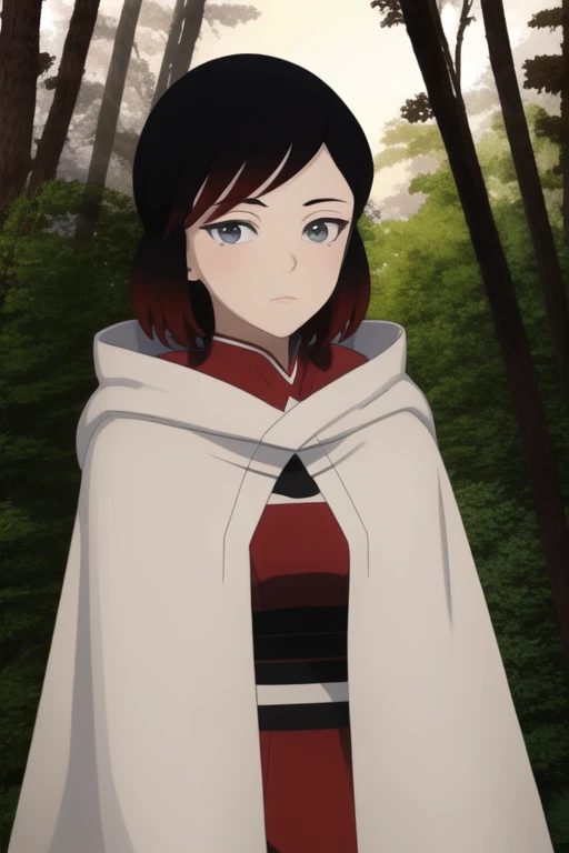 srwby, short hair, black hair, red hair, white cloak, white cape, gradient hair, grey eyes, Solo, 1girl, Looking at viewer, Masterpiece, Best Quality, forest