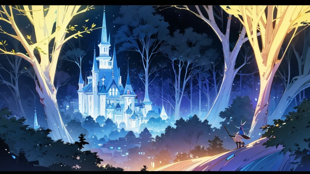 solo, Anime Elf girl playing flute while sitting gracefully on a tree branch ,magical atmosphere, panoramic fantasy night landscape, town in the forest can be seen, with charming houses, winding streets illuminated by moonlight, closed eyes, she wear long witch outfit