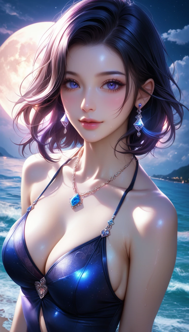 score_9, score_8_superior, score_7_superior, A masterpiece in 32K resolution,Highest quality,it is really amazing,Very detailed,Ultra-high resolution,Ultra-realistic,Realistic,Increased depth of field,Cinematic lighting,
Elegant Japanese woman,
black straight medium hair,Ultra-detailed and beautiful face,Gentle expression,Translucent white skin,Realistic skin texture,
Sexy Swimwear,
Bold design,Artistic design,Beautiful and detailed pattern,Detailed fabric texture,
Gorgeous necklace,Earrings,
Coastline at night,Giant Moon,Dark clouds floating in the dark night sky,
High angle,