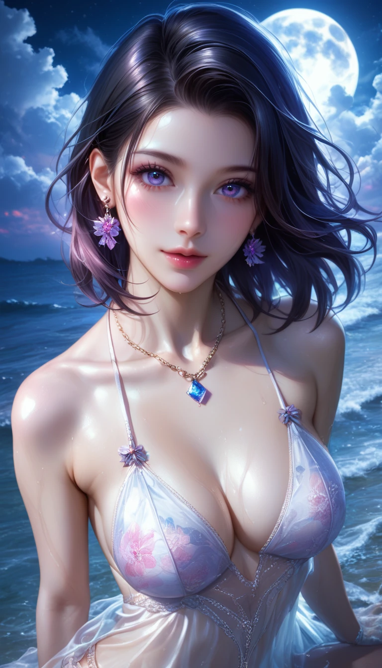 score_9, score_8_superior, score_7_superior, A masterpiece in 32K resolution,Highest quality,it is really amazing,Very detailed,Ultra-high resolution,Ultra-realistic,Realistic,Increased depth of field,Cinematic lighting,
Elegant Japanese woman,
black straight medium hair,Ultra-detailed and beautiful face,Gentle expression,Translucent white skin,Realistic skin texture,
Sexy Swimwear,
Bold design,Artistic design,Beautiful and detailed pattern,Detailed fabric texture,
Gorgeous necklace,Earrings,
Coastline at night,Giant Moon,Dark clouds floating in the dark night sky,
High angle,