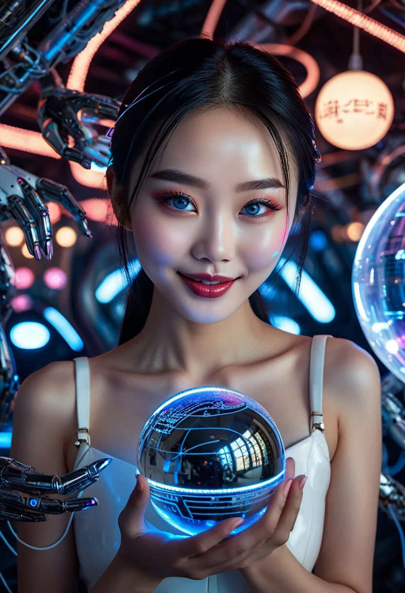 A beautiful Asian woman with blue eyes, porcelain face, beautiful and sweet smile, rosy lips, Lip gloss, with strange writings on their face, leaning towards the viewer with two hands holding a holographic ball from an alien planet, robotic hands, scene inside an alien spaceship, scene with wires and LED connected to the strange woman&#39;s back, some strange beings on woman&#39;s shoulder pointing to blue glowing holographic ball, short costume,