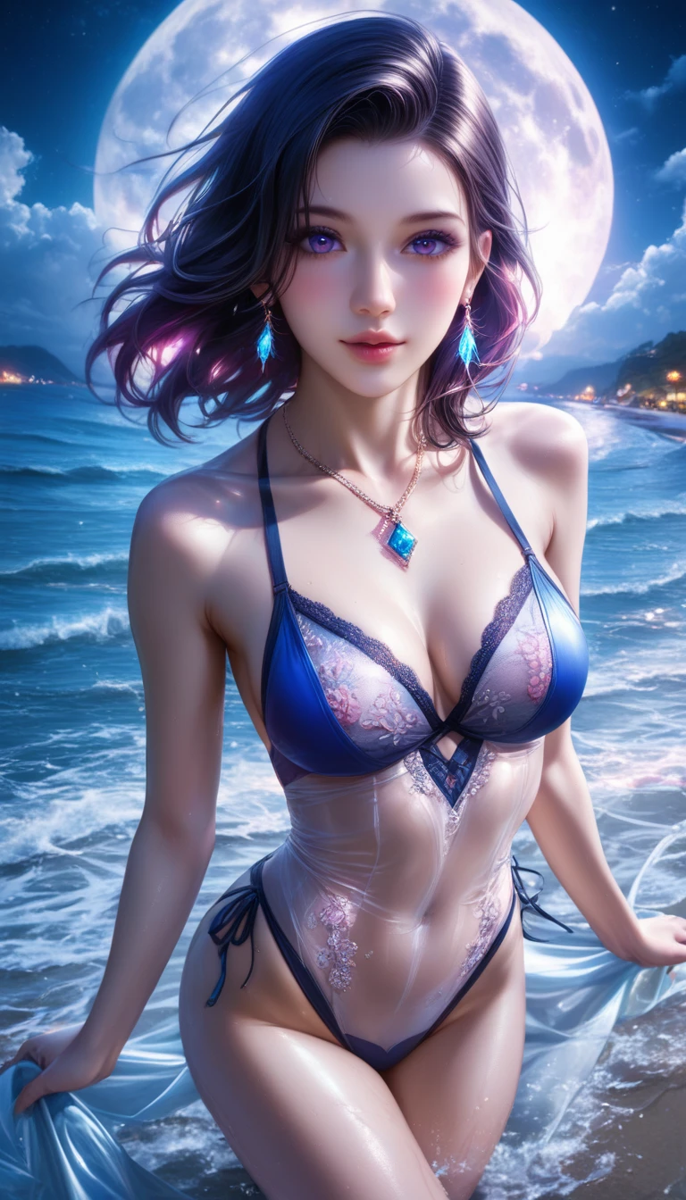 score_9, score_8_superior, score_7_superior, A masterpiece in 32K resolution,Highest quality,it is really amazing,Very detailed,Ultra-high resolution,Ultra-realistic,Realistic,Increased depth of field,Cinematic lighting,
Elegant Japanese woman,
black straight medium hair,Ultra-detailed and beautiful face,Gentle expression,Translucent white skin,Realistic skin texture,
Sexy Swimwear,
Bold design,Artistic design,Beautiful and detailed pattern,Detailed fabric texture,
Gorgeous necklace,Earrings,
Coastline at night,Giant Moon,Dark clouds floating in the dark night sky,
High angle,