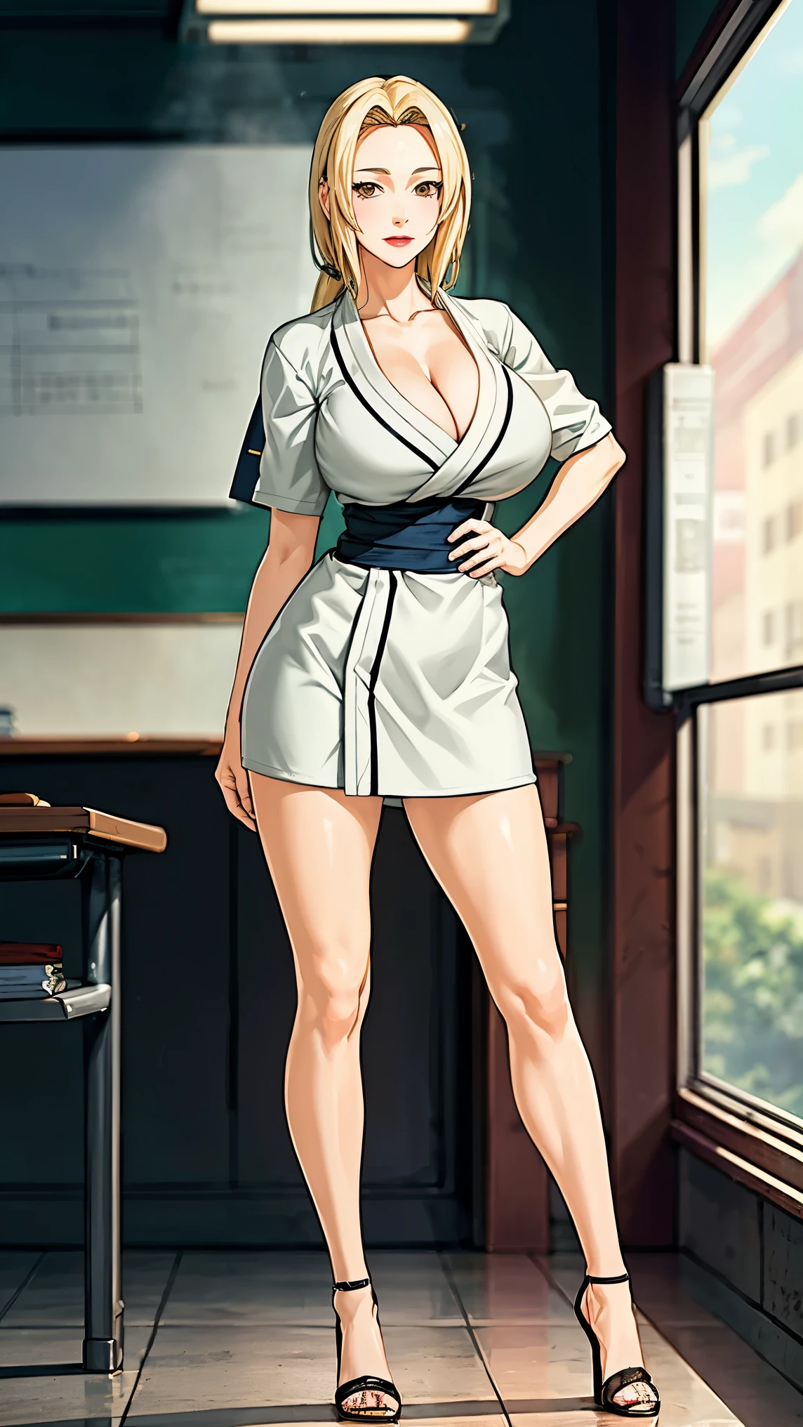 ( busty), (((fullbody))), standing pose, high heels, short skirt, cleavage, white kimono, good anatomy, masterpiece, best quality, 4k, 8k, professional photography, soft light, sharp focus, 1 girl, blonde hair, at classroom, blonde hair, parted banks, detailed face+brown eyes, open lips, lipstick, whiteboard, smile