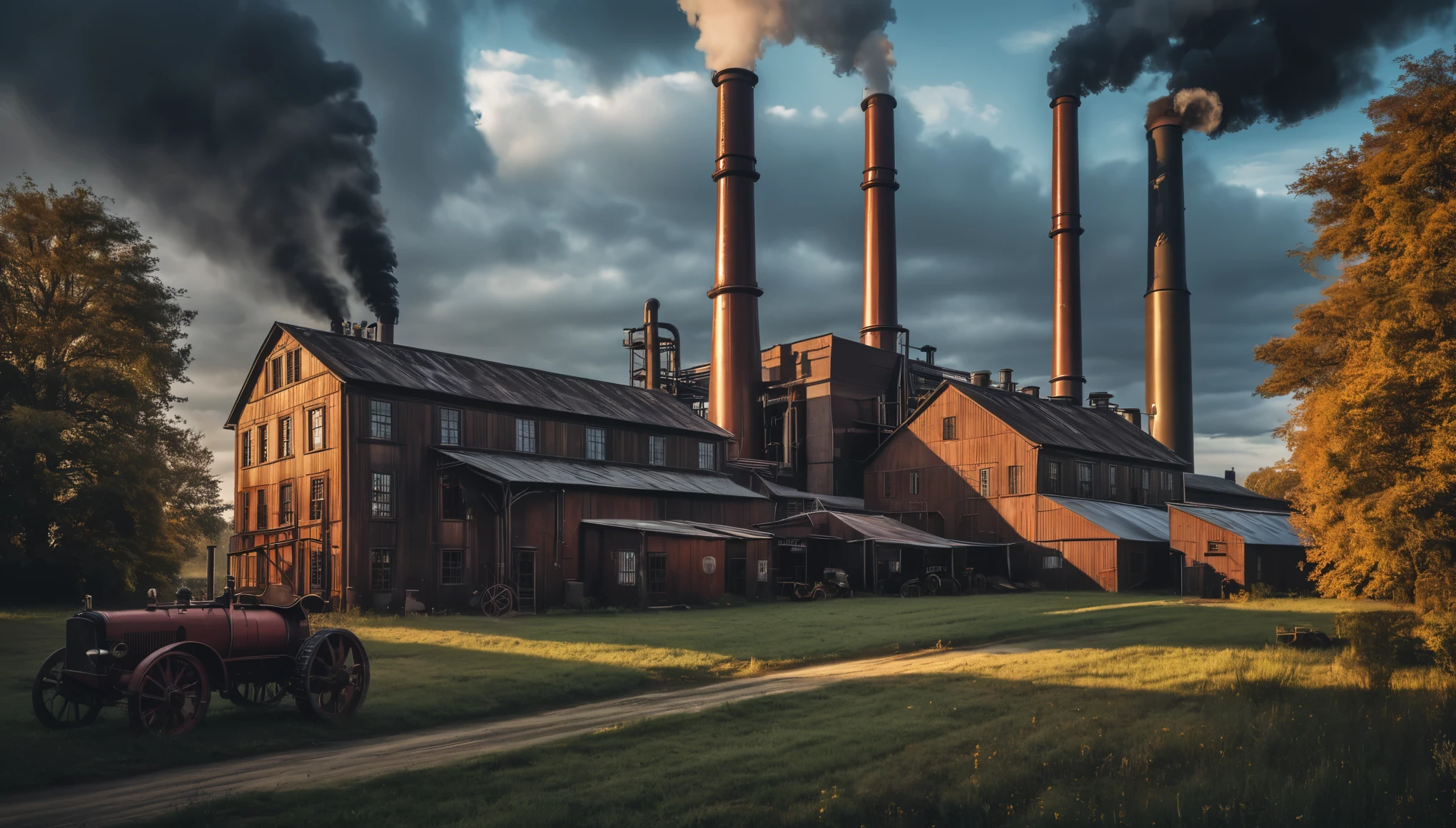 The farmhouse reimagined as an industrial revolution-era factory with smokestacks, machinery, and a bustling atmosphere. Style of H R Giger. Hyper realistic photo, vibrant colors, 16k