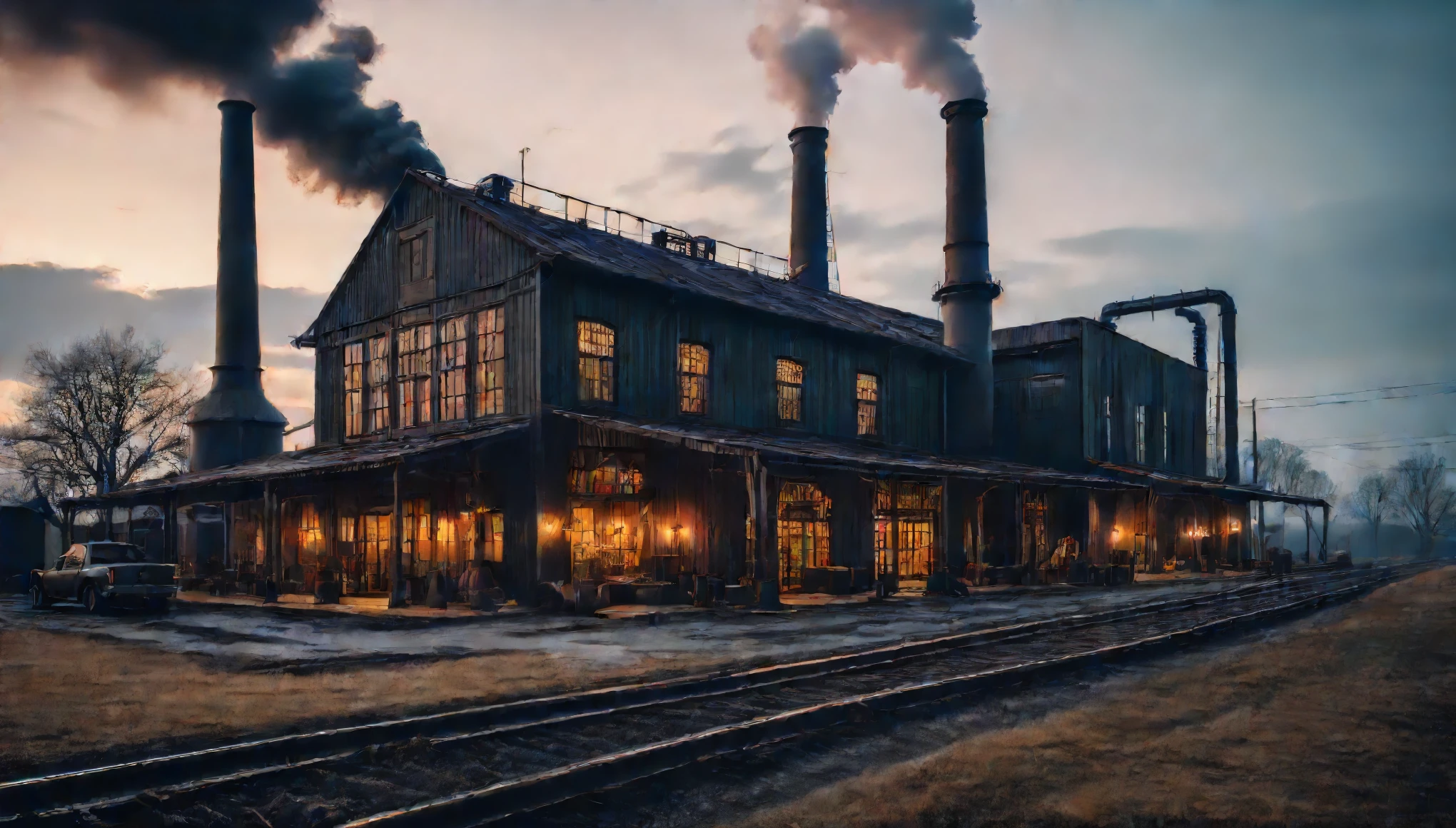 The farmhouse reimagined as an industrial revolution-era factory with smokestacks, machinery, and a bustling atmosphere. Style of H R Giger. Hyper realistic photo, vibrant colors, 16k