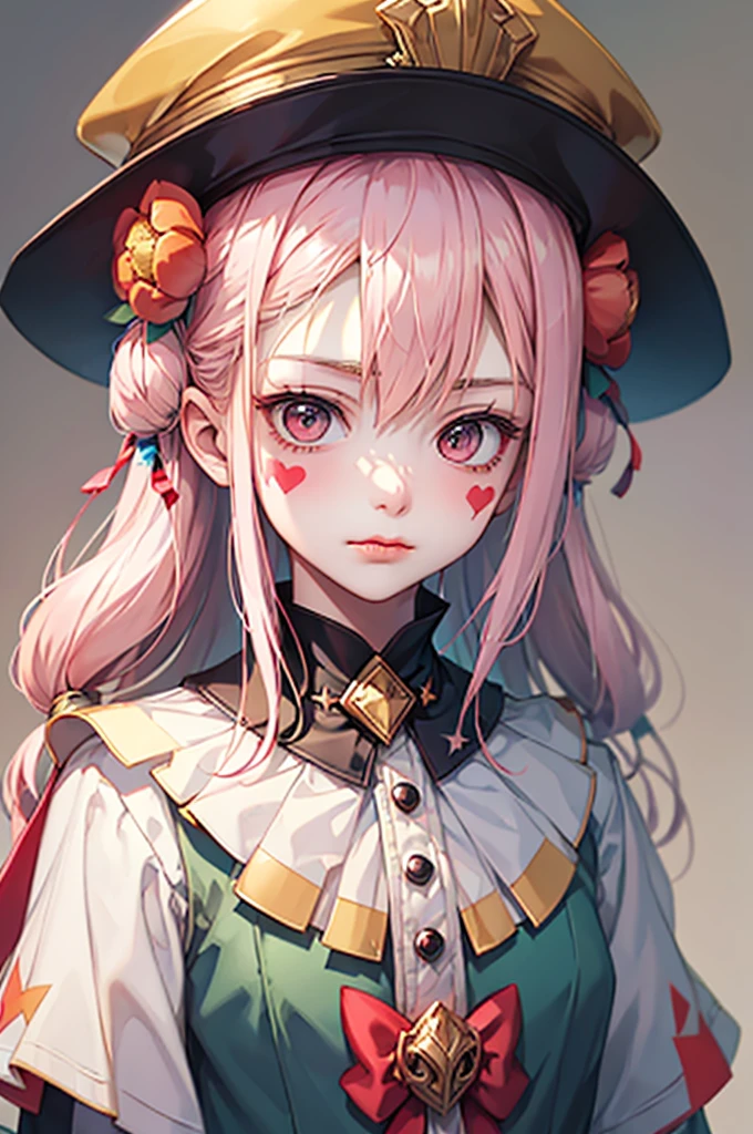Hmph,Hmph,8k, Highest quality, Tabletop, Very detailed, Golden Hour Lighting, Physically Based Rendering, One Girl, alone,
clown. Trump,colorful, clownの帽子と花, Flower garden,Lots of flowers,clownの衣装, gloves, Heart drawn on the face, ((masterpiece))、(((Highest quality)))、((Super detailed))、((An illustration))、Attention to detail、Very detailed CG unity 8k、High resolution、美しいAttention to detail目、Attention to detail、美しいAttention to detail目,She is yellow、Purple stripes on the body, Painting his face white, Pink cross-eyed and orange mouth. She has two pink stars painted on her cheeks, Wearing a blue and red jester's hat with bells,(Hair Ribbon:0.4), Pink Eyes,(((White bun hair))),(((Pink long hair))),(Happy), smile,cute,music, ((Notes floating around her🎶:1.2)) sing,White Face, Wavy Hair, Hair Bun,
(Upper Body) whole body,