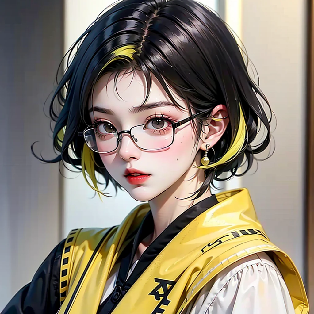 ((best quality)), ((masterpiece)), (detailed), perfect face. Short hair. Anime girl. Asian girl. Black eyes. Glasses. Her hair is long with yellow and black highlights,wear glasses,black and yellow hair