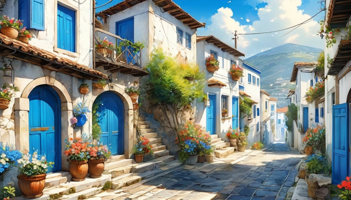 Historical masterpieces,(((White building and road、Blue door and window frame))),Narrow street with blue door and pots. Buildings and roads close up on white, Narrow Alley,Stairway,Streets of Tealstone, Mediterranean Village, ギリシャのWhite building and roadと青いドアや窓,, Beautiful images, 8k)), Greek Style, Vibrant colors with attention to detail, Ancient , Beautifully drawn, Colorful scene,beautiful retro art, by Bencho Obreshkov, Colourful and detailed, 8k)), Watercolor style, super Realistic painting style, Detailed 4K painting, Realistic painting style, Awesome Wallpapers,There is no one, ((窓から鮮やかなLots of flowers))、(Lots of flowers),Fantasy World