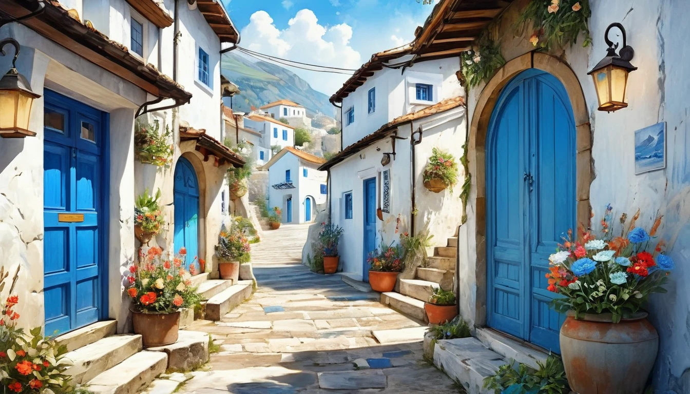Historical masterpieces,(((White building and road、Blue door and window frame))),Narrow street with blue door and pots. Buildings and roads close up on white, Narrow Alley,Stairway,Streets of Tealstone, Mediterranean Village, ギリシャのWhite building and roadと青いドアや窓,, Beautiful images, 8k)), Greek Style, Vibrant colors with attention to detail, Ancient , Beautifully drawn, Colorful scene,beautiful retro art, by Bencho Obreshkov, Colourful and detailed, 8k)), Watercolor style, super Realistic painting style, Detailed 4K painting, Realistic painting style, Awesome Wallpapers,There is no one, ((窓から鮮やかなLots of flowers))、(Lots of flowers),Fantasy World