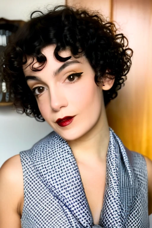 24 yrs woman with a scarf around her neck posing for a picture, curly bangs, curly and short top hair, up face with 1 9 2 0 s hairstyle, short curly hair, french bob, curly pixie cut hair, curly pixie hair, short black curly hair, very short curly hair, curly middle part haircut, kiki picasso style, curly bangssoft makeup, floral sleeveless dress, eye contact, Soft color, award winning photo, inspired by Martin Schoeller, Film color photo, Hasselblad 500c, Kodak Portra 400, hyperrealistic, wide-angle three quarter body portrait, f1.4, 6:9 120film,