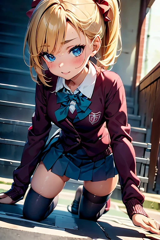 masterpiece, anime, Cute,girl in stockings and a short school skirt, red school jacket, full length,The girl is on all fours
