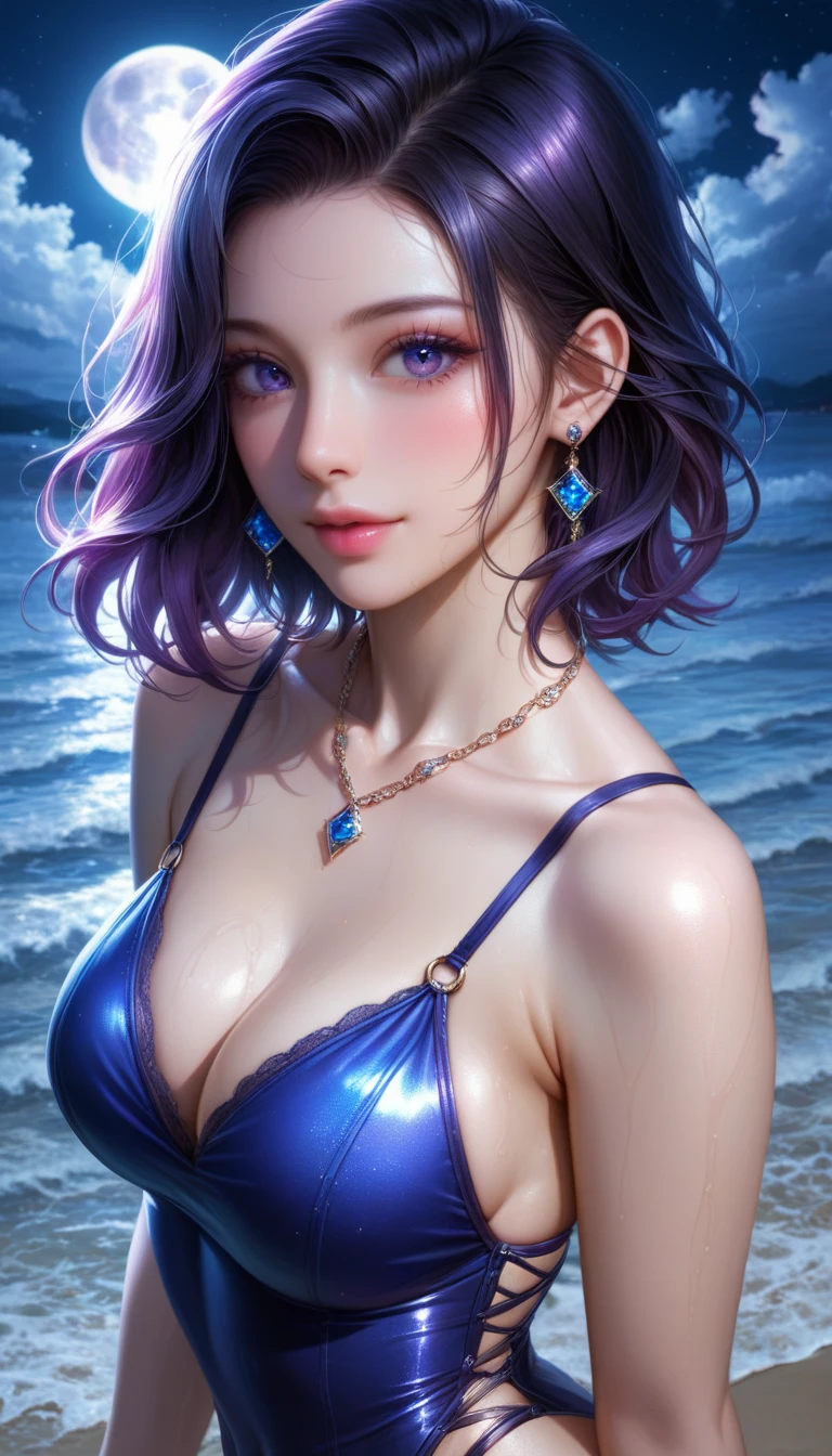 score_9, score_8_superior, score_7_superior, A masterpiece in 32K resolution,Highest quality,it is really amazing,Very detailed,Ultra-high resolution,Ultra-realistic,Realistic,Increased depth of field,Cinematic lighting,
Elegant Japanese woman,
black straight medium hair,Ultra-detailed and beautiful face,Gentle expression,Translucent white skin,Realistic skin texture,
Sexy Swimwear,
Bold design,Artistic design,Beautiful and detailed pattern,Detailed fabric texture,
Gorgeous necklace,Earrings,
Coastline at night,Giant Moon,Dark clouds floating in the dark night sky,
High angle,