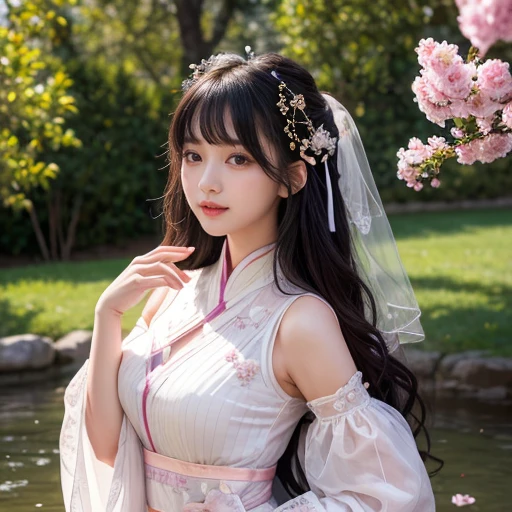 best quality, Delicate face，beautiful visual work, lifelike, eternity, black hair, Long curly hair, blunt bangs, Smile, Detailed Background, Delicate face，blush，cold，((masterpiece))、(top quality)、8k、high detail、Super detailed，21 years old female，身穿唐制Hanfu、waist skirt, Clothes are light and fluffy，Hanfu, wide sleeves, Transparent sleeves, Tunic, Clothes made of chiffon, Seductive and whimsical style、masterpiece、born、Scenes resembling fairy tale illustrations、intricate details和複雜的設計、Beautifully、magic、capricious、 Beautifully、Dream aesthetics、「𝓡𝓸𝓶𝓪𝓷𝓽𝓲𝓬、ethereal、charming、fickle、magic」、realism、Visual effects、FXAA、SSAO、Shader、voiceless、ambient lighting、Tone mapping、High resolution、Ultra high quality、Million pixels、(8K resolution:1.10)、8k、8k以下、8K resolution、high detail、intricate details， (high quality:1.2、masterpiece:1.2、:1.21)、(21 years old female:1.21)、(興奮地Smile)、(被dream般的氛圍所包圍、Model diagram，full-body shot，Normal 2 feet，Put your hands behind you，The protrusion of the breast is visible when wearing clothes, Large Breasts, H cup chest, antiquity, Xian Xia, gauze clothes, Soft and fluttering, Fairy, dream, fantasy, light, Elegant, nature, Immortal, romantic, classical, ribbon, light purple clothes, By the stream