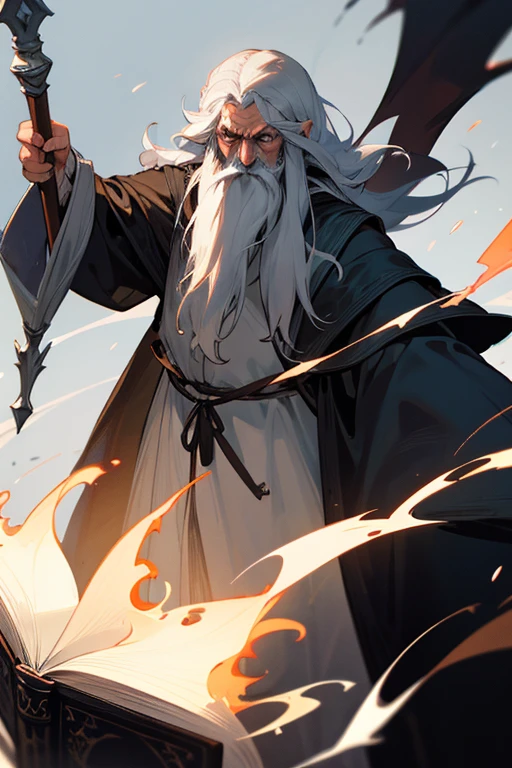 Make a Gandalf with a dark beard and white flame eyes, carrying a book of darkness