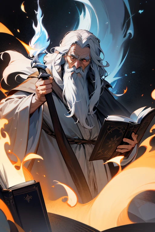 Make a Gandalf with a dark beard and white flame eyes, carrying a book of darkness