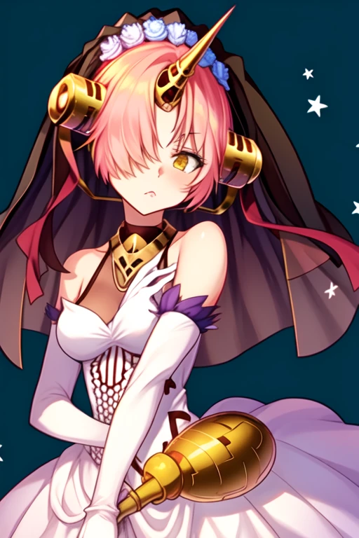 frankenstein_fgo, horns, single_horn, mechanical_horns, pink_hair, short_hair, blue_eyes, veil, breasts, white gloves, long skirt, yellow_eyes, heterochromia, hair_over_one_eye, hair_ornament