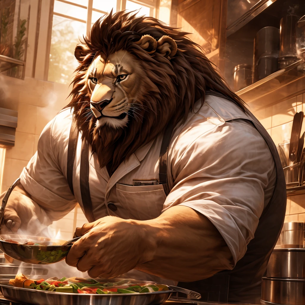a muscular, serious-looking chef in a kitchen, wearing a chef's uniform, chopping vegetables with intense focus, (best quality,4K,8k,highres,masterpiece:1.2),ultra-detailed,(realistic,photorealistic,photo-realistic:1.37),professional chef, detailed chef's uniform, intricate knife work, steam rising from hot cookware, stainless steel kitchen appliances, warm lighting, rich colors, cinematic angles Lion cooking