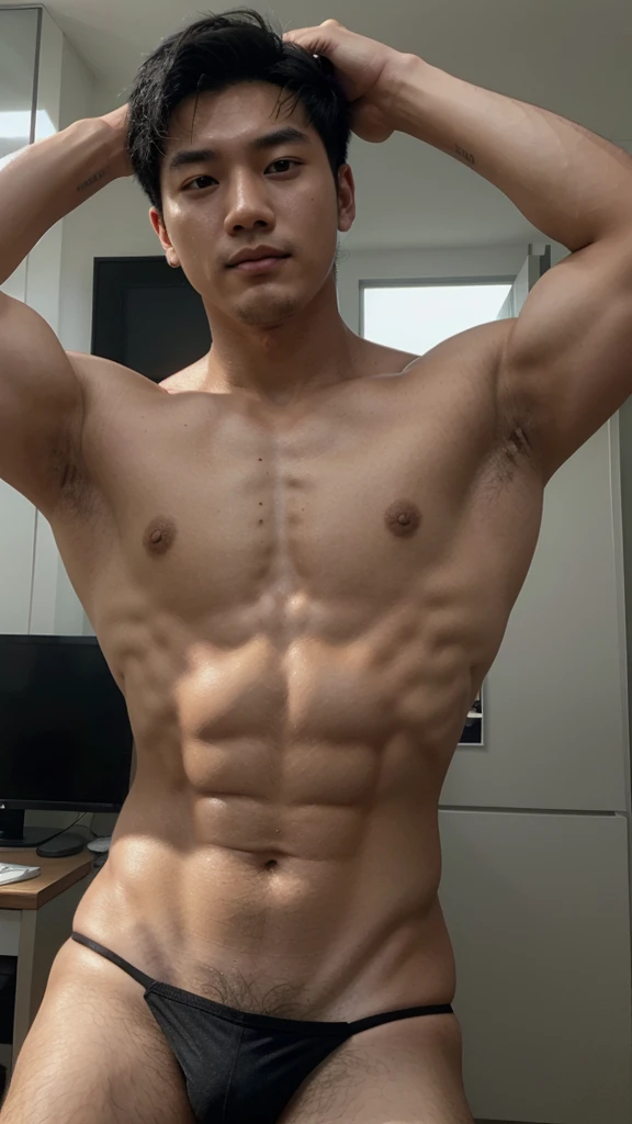 Photo of young Korean man aged 20 with medium muscle, Bblack hair,de corpo inteiro,inspired no ator lee jun-ho , He&#39;s in the gym mirror taking a selfie ,in gym clothes,your reflection appears in the mirror,8k , ultra realisitic.