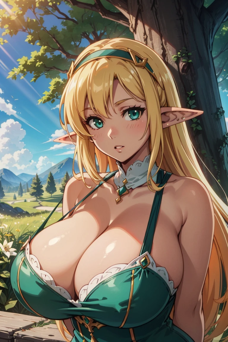 extreme quality, cg, detailed face+eyes, (bright colors), (anime), 1woman, impact, (Voluptuous), goddess, time stop, fantasy, (Elf), (gigantic breast:1.4), pointed ears, beautiful jewels, clouds, long curly ash blonde hair, (soft headband), masterpiece, top tier, extravagant, 8k, unity wallpaper, unreal engine 5, ray tracing, 8k, cinematic, varied depth of field, octane render, elegant, tone mapping, hyper focus, parted lips, arms behind back, dappled sunlight, (spring), nature, white sun dress, upper body photo, (morning glow), Curvaceous, (mint green eyes), horizon, picturesque scenery, deep cleavage, trees, looking at viewer, (forest),