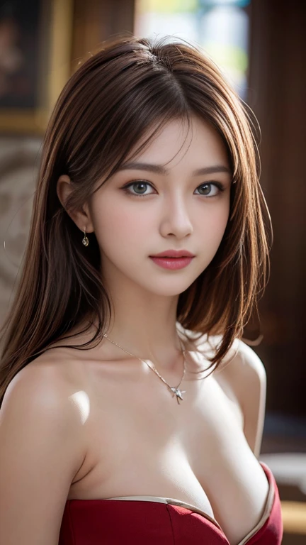 1 girl, very bright backlighting, solo, {beautiful and detailed eyes}, summer night, large breasts, calm expression, natural and soft light, hair blown by the breeze, delicate facial features, Blunt bangs, beautiful russian girl, eye smile, very small earrings, 22yo, ((model pose)), Glamor body type,(colorful hair, Half red and half brown hair:1.2), flim grain, realhands, masterpiece, Best Quality, photorealistic, ultra-detailed, finely detailed, high resolution,brown messy hair, perfect dynamic composition, beautiful detailed eyes, russian girl,((nervous and embarrassed)),sharp-focus, beautymix, FilmGirl,smile,(wearing a medieval European-style dress,necklace:1.3),(revealing a glimpse of cleavage :1.3),cowboy shot