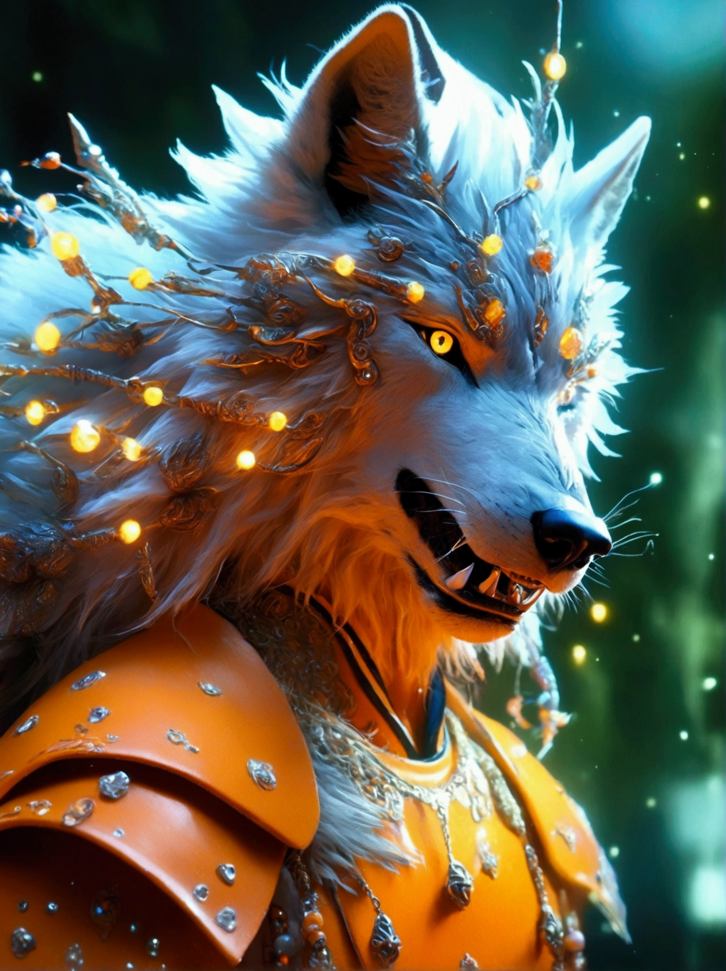 A fairy-tale character inspired by a blend of two unique entities. First is a wolf-like creature, seeming ominous and enigmatic, with sharp claws, a thick fur coat, and piercing eyes. The second is a powerful warrior known for his spiky hair and incredible strength. The warrior wears an orange martial arts uniform and has a glowing aura around him denoting his massive energy.