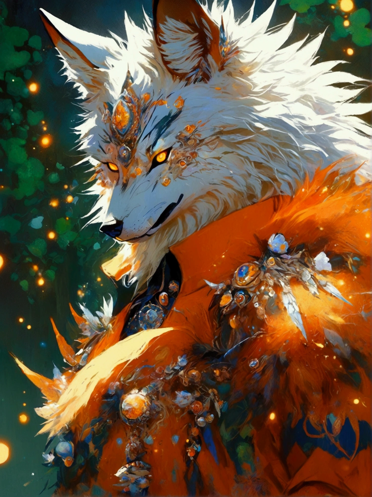 A fairy-tale character inspired by a blend of two unique entities. First is a wolf-like creature, seeming ominous and enigmatic, with sharp claws, a thick fur coat, and piercing eyes. The second is a powerful warrior known for his spiky hair and incredible strength. The warrior wears an orange martial arts uniform and has a glowing aura around him denoting his massive energy.