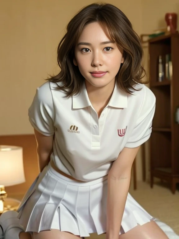 (Masterpiece, Best quality: 1.4), (Ultra realistic, Photo-realistic: 1.2), Seductive pose, (kneeling: 1.3), Beautiful thighs, spread legs, Looking at viewer, Natural light, 28 years old actress, Japanese women, (arms behind back: 1.2), Neat and clean, ((Wearing white tennis uniform, White short-sleeve polo shirt with collar: 1.2)), (unbutton:1.2), ((Wearing white pleated tennis skirt: 1.2)), (ponytail: 1.2), short wavy hair, Light brown hair color, (Beautiful Face), Oval face, clear, (Beautiful eyes, Kind eyes), (Clear skin), Small face, (Small mouth, Beautiful mouth), Natural makeup, Approachable, Luxury hotel Suite room, Seductive smile, Bedroom eyes, Embarrassed, blush,