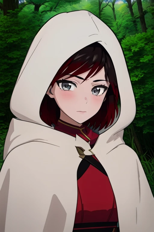 srwby, short hair, black hair, red hair, white cloak, white cape, gradient hair, grey eyes, Solo, 1girl, Looking at viewer, Masterpiece, Best Quality, forest, hood up