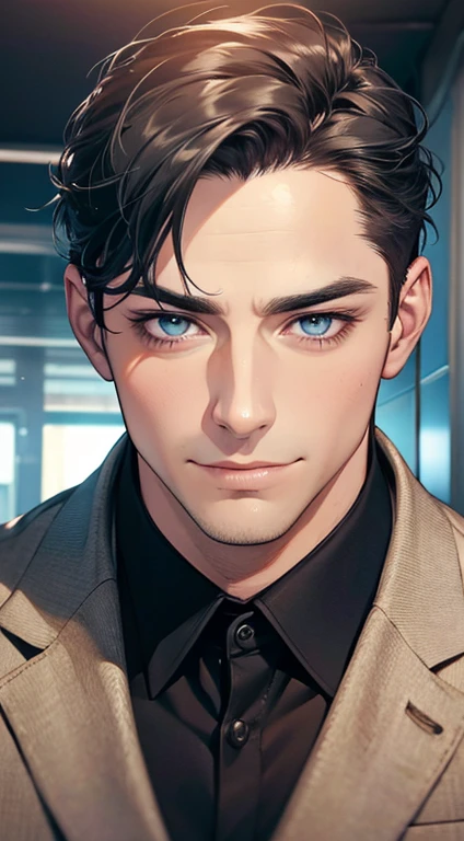 (best quality,4k,8k,highres,masterpiece:1.2),ultra-detailed,(realistic,photorealistic,photo-realistic:1.37),1 man,31 years old,mature man,very handsome,without expression,smile,short grey black hair,blue eyes,penetrating gaze,perfect face without errors,imposing posture,businessman,office background,cinematic lighting,hdr image