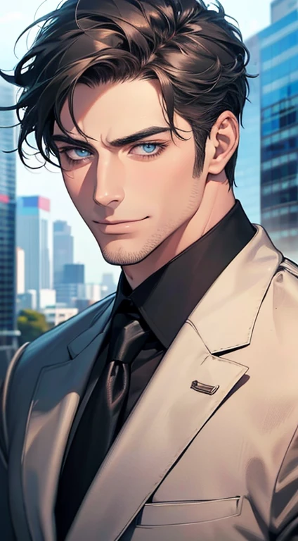 (best quality,4k,8k,highres,masterpiece:1.2),ultra-detailed,(realistic,photorealistic,photo-realistic:1.37),1 man,31 years old,mature man,very handsome,without expression,smile,short grey black hair,blue eyes,penetrating gaze,perfect face without errors,imposing posture,businessman,office background,cinematic lighting,hdr image