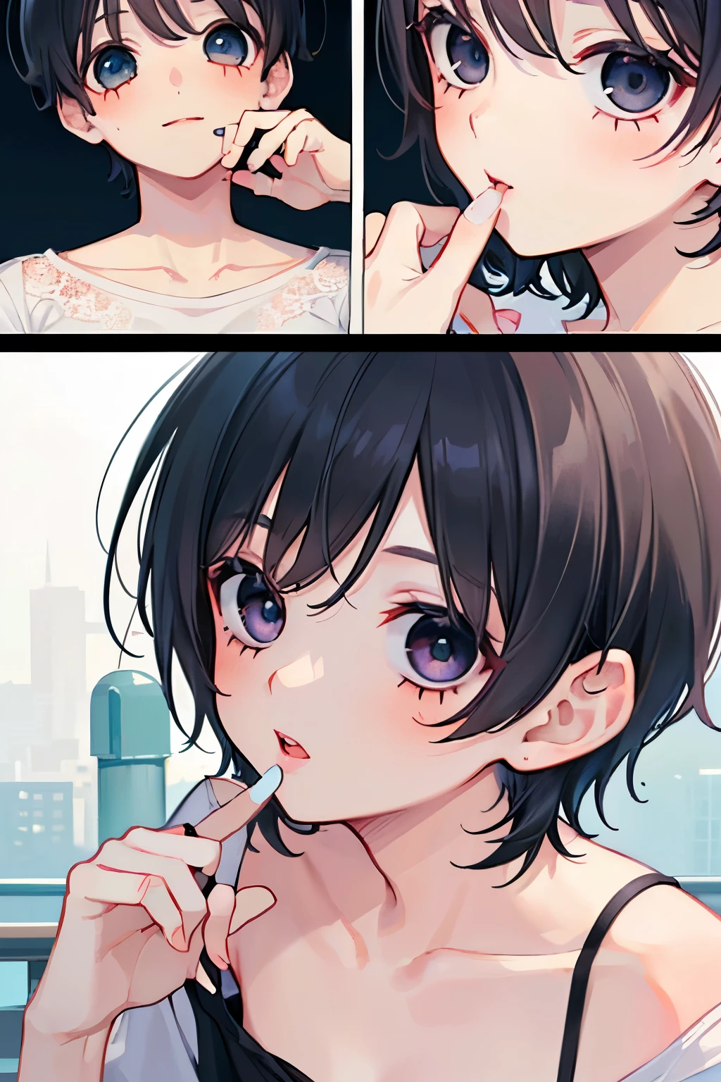 (1boy:1.3),(short hair:1.3),((独奏:1.25)),(Small breasts,Flat chested:1.0),(black hair:1.2),(medium hair:1.1),(twilight eyes:1.2),((lace,shirt,tube top:1.2)),short sleeve,short hem clothes,open your mouth,kiss face,((deep-throating:1.1))Close-up of face,Smile,